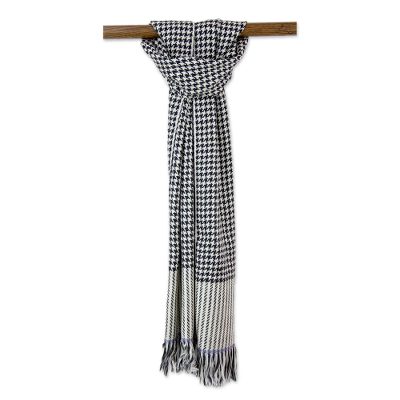 Men's cashmere scarf, 'Dapper Charm' - Men's Black and White Houndstooth Cashmere Scarf from India