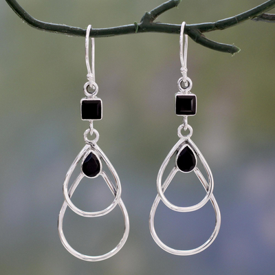 Onyx dangle earrings, 'Black Ice' - Onyx Dangle Style Earrings Set in Polished Sterling Silver
