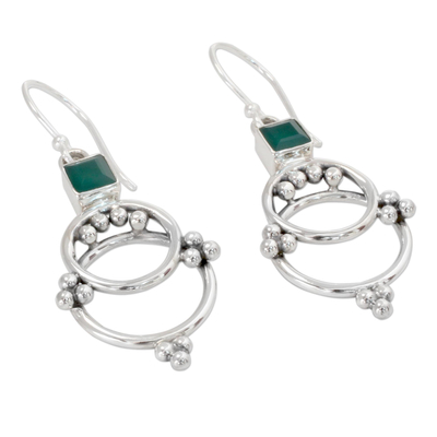 Onyx dangle earrings, 'Green Jaipur Magic' - Artisan Designed Sterling Silver Earrings with Green Onyx