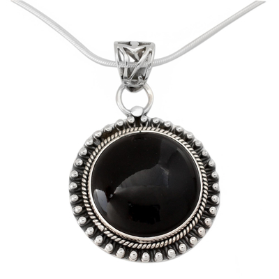 Onyx pendant necklace, 'Royal Eclipse' - Round Onyx Cabochon Pendant Necklace on Silver Snake Chain
