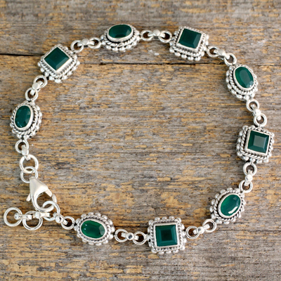 Green onyx link bracelet, 'Captivating Green' - Link Bracelet in Sterling Silver with Enhanced Green Onyx