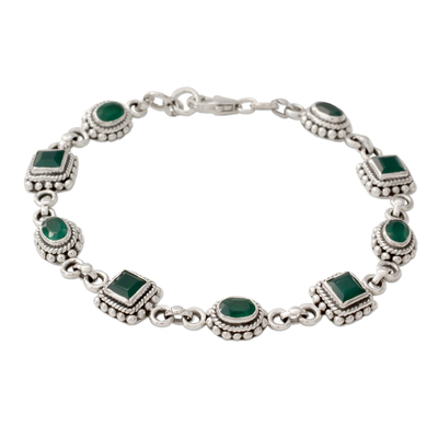 Green onyx link bracelet, 'Captivating Green' - Link Bracelet in Sterling Silver with Enhanced Green Onyx