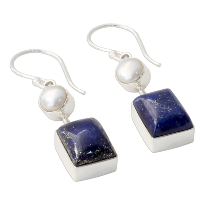 Lapis lazuli and cultured pearl dangle earrings, 'Bangalore Glam' - Silver Dangle Earrings with White Pearls and Lapis Lazuli