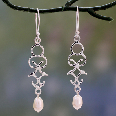 Cultured pearl dangle earrings, 'Sublime Trellis' - Polished Sterling Silver Dangle Earring with Cultured Pearls