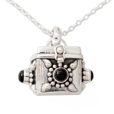Onyx prayer box pendant necklace, 'Royal Prayer' - Square Prayer Box Pendant Necklace with Onyx