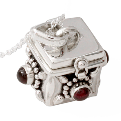 Garnet prayer box pendant necklace, 'Royal Prayer' - Artisan Crafted Prayer Box Necklace in Silver with Garnet