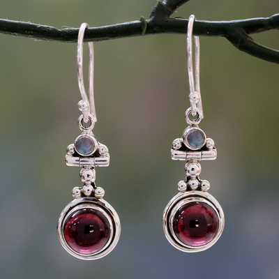 Garnet and rainbow moonstone dangle earrings, 'Misty Moon' - Garnet and Rainbow Moonstone Earrings Set in 925 Silver