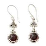 Garnet and rainbow moonstone dangle earrings, 'Misty Moon' - Garnet and Rainbow Moonstone Earrings Set in 925 Silver