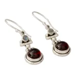 Garnet and rainbow moonstone dangle earrings, 'Misty Moon' - Garnet and Rainbow Moonstone Earrings Set in 925 Silver