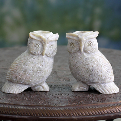 Soapstone candle holders, 'Night Glow' (pair) - Hand Carved Soapstone Owl Candle Holders (Pair)
