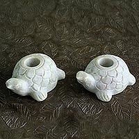 Portavelas de esteatita, 'Turtle Delight' (par) - Portavelas de tortuga tallados a mano en esteatita (par)