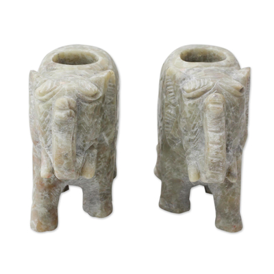 Soapstone candleholders, 'Royal Charm' (pair) - Soapstone Elephant Candle Holders for Taper Candles (Pair)