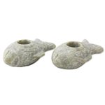 Soapstone candleholders, 'Aquatic Charm' (pair) - Artisan Crafted Carved Soapstone Fish Candle Holders (Pair)