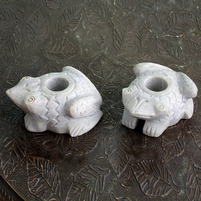Soapstone candleholders, 'Charming Frogs' (pair) - Natural Soapstone Frog Candle Holders Made in India (Pair)