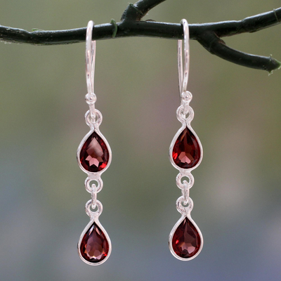 Garnet dangle earrings, 'Mystical Femme' - Polished Silver Dangle Earrings with Pear Shaped Garnets