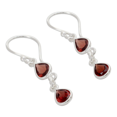 Garnet dangle earrings, 'Mystical Femme' - Polished Silver Dangle Earrings with Pear Shaped Garnets