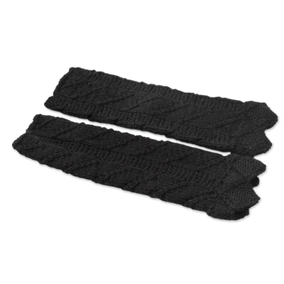 Hand Knit Black Wool Arm Warmers for Women