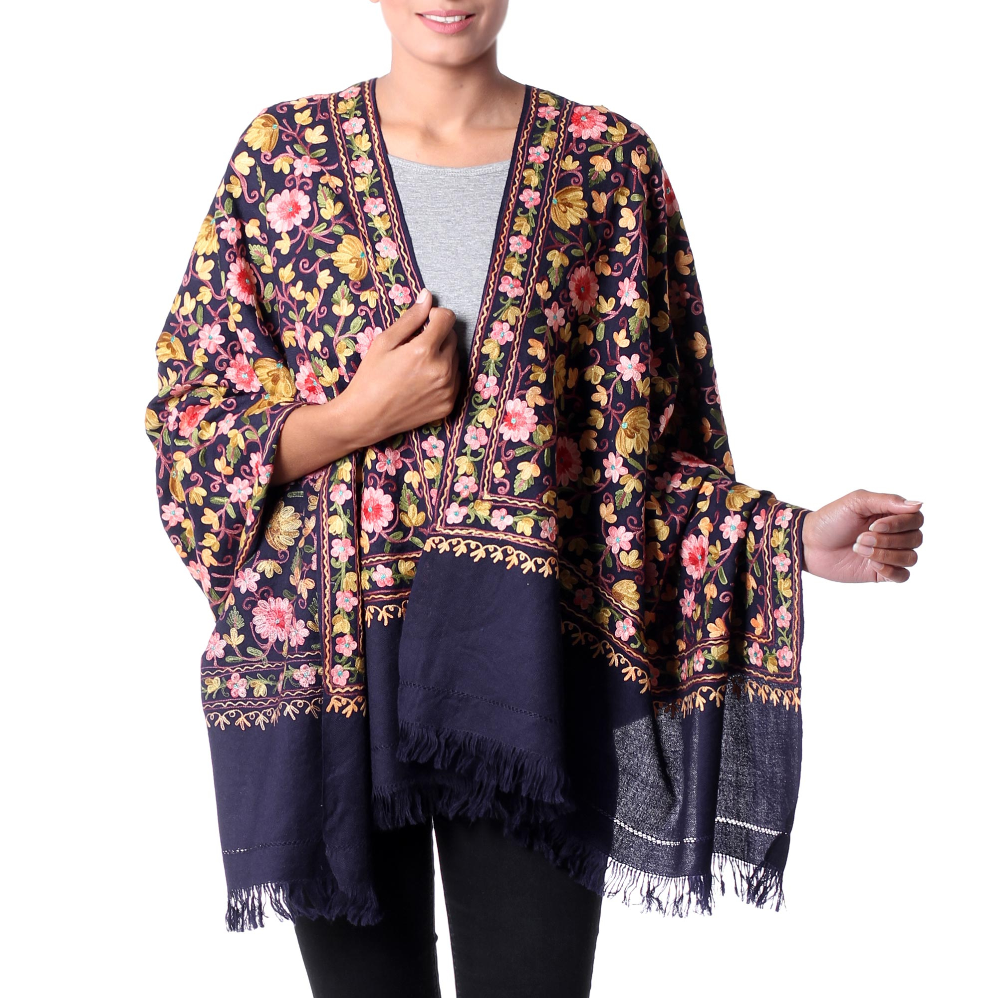 Midnight Blue Wool Shawl With Floral Embroidery And Fringe Flowers