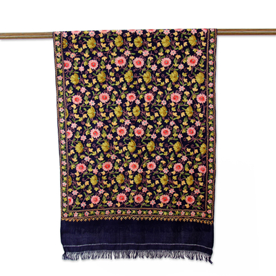 Embroidered wool shawl, 'Flowers Galore' - Midnight Blue Wool Shawl with Floral Embroidery and Fringe