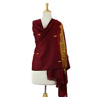 Embroidered wool shawl, 'Magnificent Wine' - Wine Red Wool Shawl with Golden Embroidery from india