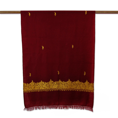Embroidered wool shawl, 'Magnificent Wine' - Wine Red Wool Shawl with Golden Embroidery from india