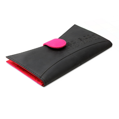 Upcycled rubber and cotton clutch handbag, 'Fuchsia Pop' - Eco Friendly Indian Clutch Handbag in Black and Hot Pink