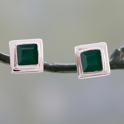 Enhanced Green Onyx Stud Earrings in 925 Silver - Contemporary Squared ...