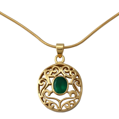 Gold vermeil and green onyx choker, 'Golden Goddess' - Gold Vermeil Pendant Necklace with Green Enhanced Onyx