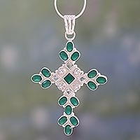 Green onyx and quartz cross pendant necklace, 'Brilliant Faith'