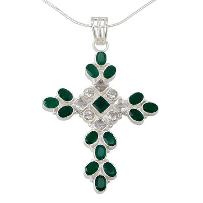 Halskette mit Kreuzanhänger aus grünem Onyx und Quarz - Halskette mit Kreuzanhänger aus grünem Onyx und Quarz aus Indien