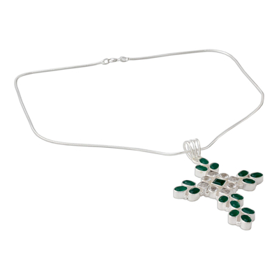 Green onyx and quartz cross pendant necklace, 'Brilliant Faith' - Green Onyx and Quartz Cross Pendant Necklace from India
