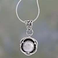 Cultured pearl pendant necklace, 'Transcendent Rose' - Rose Motif Silver Pendant Necklace with Cultured Pearl