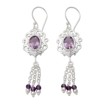 Amethyst dangle earrings, 'Purple Mughal Flair' - Ornate Sterling Silver Earrings with 5 Carats of Amethyst