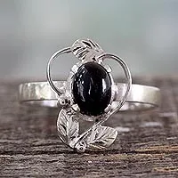 Onyx cocktail ring, 'Blackberry Blossom' - Ornate Handcrafted Silver and Onyx Cocktail Ring