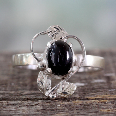 Onyx cocktail ring, 'Blackberry Blossom' - Ornate Handcrafted Silver and Onyx Cocktail Ring