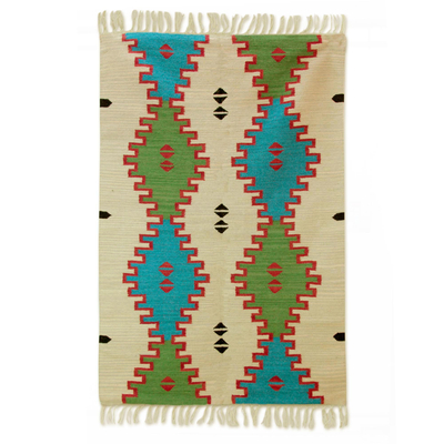 Indian Handwoven Rectangle Blue Green Brown Wool Rug (4x6)