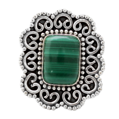 Malachite cocktail ring, 'Modern Mughal Medallion' - Handcrafted Ornate 925 Sterling Silver Ring with Malachite