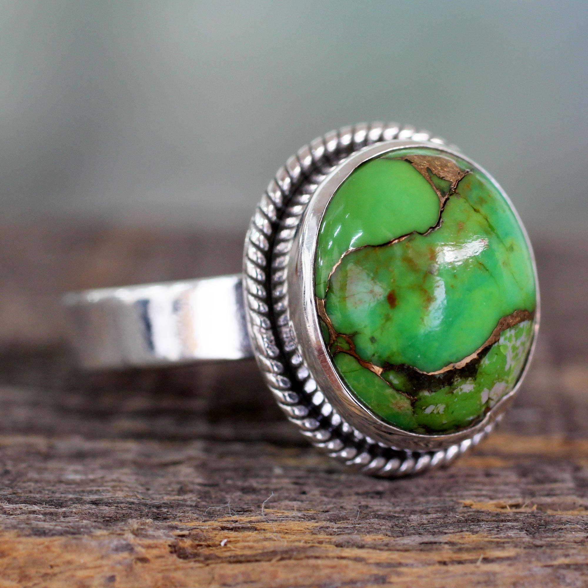 Silver Silver Ring with Green Composite Turquoise, 'Green Fields in Jaipur'