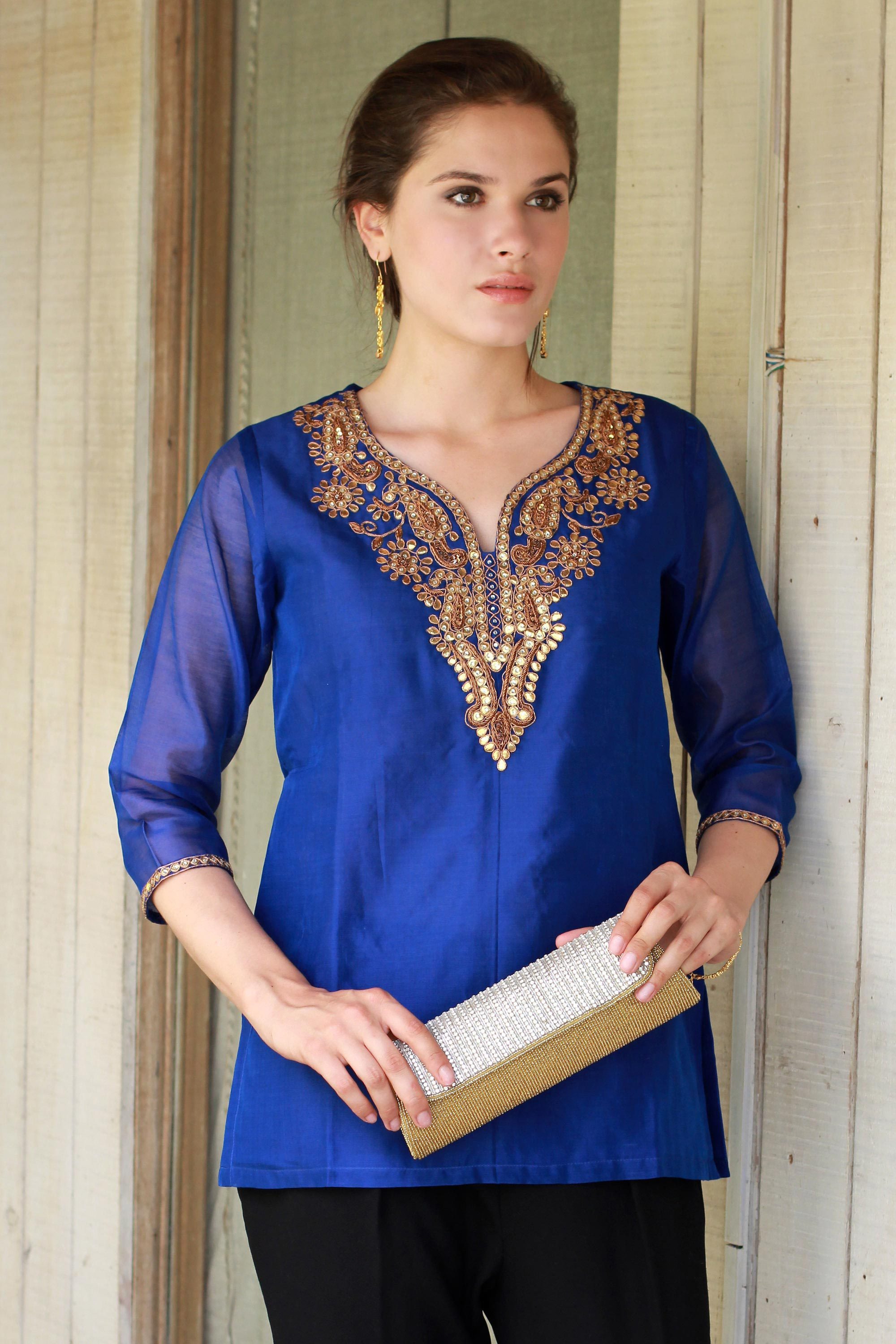 UNICEF Market Embellished Royal Blue Tunic Top with Golden Embroidery