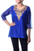 Silk and cotton blend tunic, 'Royal Charm' - Embellished Royal Blue Tunic Top with Golden Embroidery (image 2a) thumbail