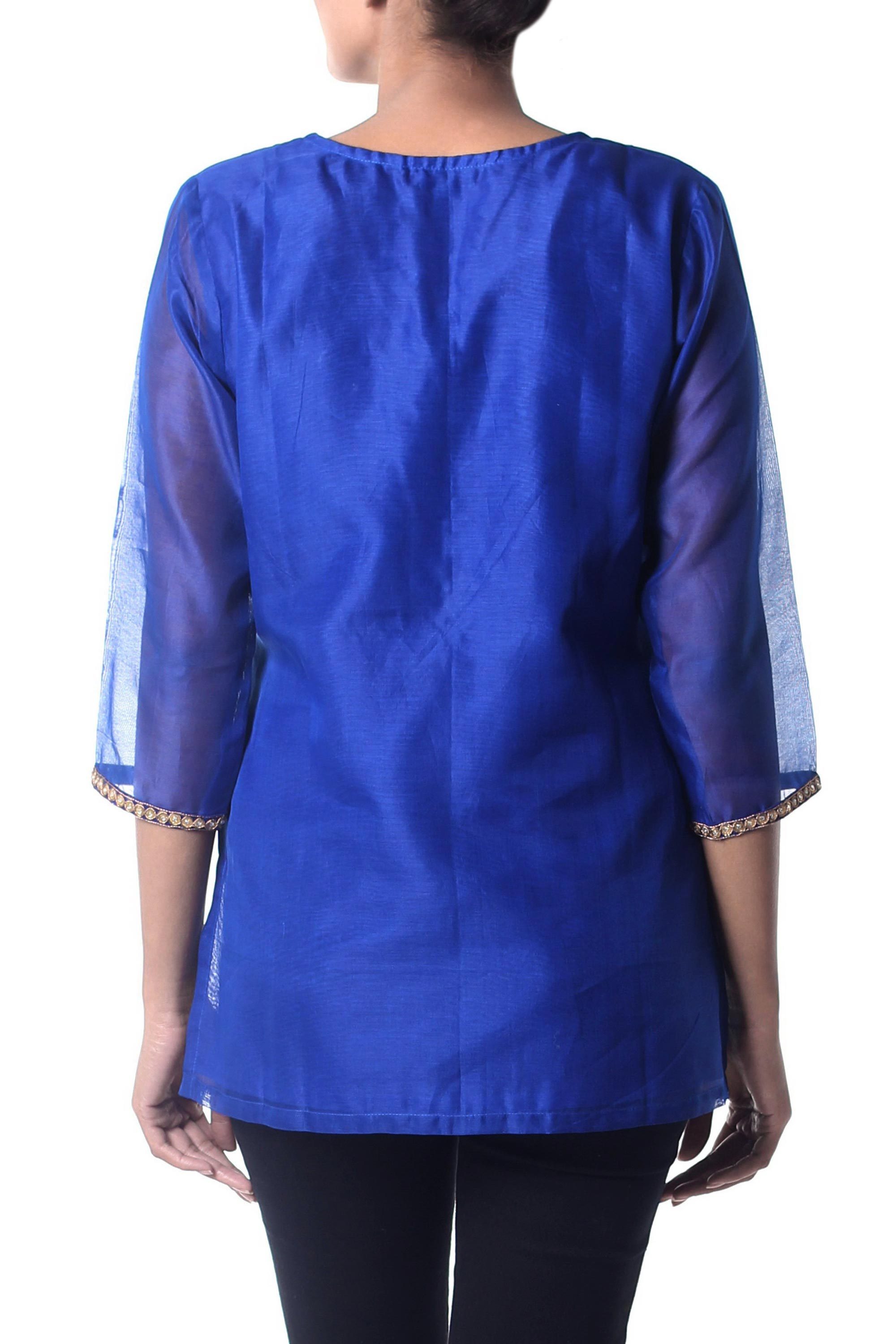 Embellished Royal Blue Tunic Top with Golden Embroidery Royal Charm