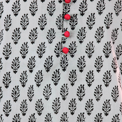 Túnica de algodón - Túnica Paisley de algodón gris y negro con detalles rosas