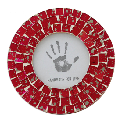 Glass mosaic photo frame, 'Red Ruby' (4x4) - Handcrafted Round Red Mosaic Picture Frame (4 x 4)