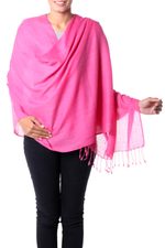 Wool blend shawl, 'Pink Diamond Fantasy' - Indian Shawl Wool Blend Wrap Diamond Pattern in Pink