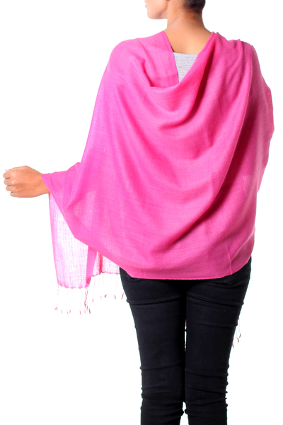 Wool blend shawl, 'Pink Diamond Fantasy' - Indian Shawl Wool Blend Wrap Diamond Pattern in Pink