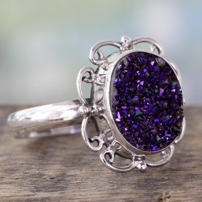 Handcrafted Silver Cocktail Ring with Sparkling Purple Drusy