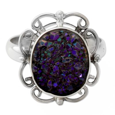 Handcrafted Silver Cocktail Ring with Sparkling Purple Drusy