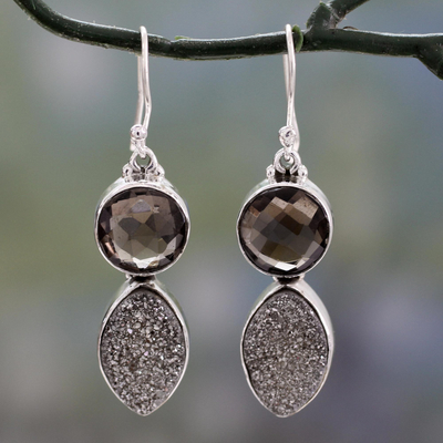 Drusy and smoky quartz dangle earrings, 'Stormy Night' - Indian Artisan Fair Trade Modern 925 Sterling Silver Dangle 