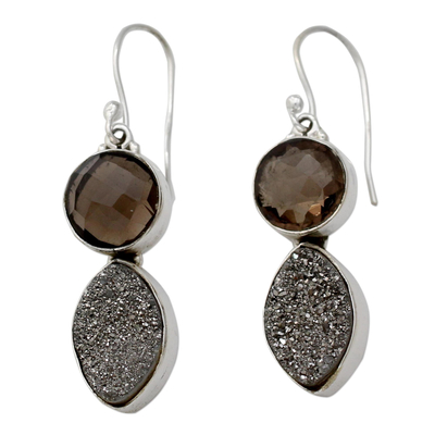 Drusy and smoky quartz dangle earrings, 'Stormy Night' - Sterling Silver Dangle Earrings with Drusy and Smoky Quartz