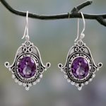 Amethyst dangle earrings, 'Jaipuri Glam' - Ornate Amethyst and Sterling Silver Dangle Earrings